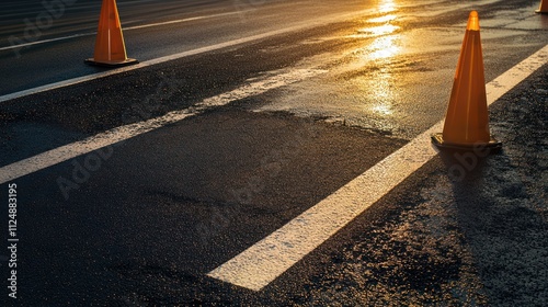 Early morning light: crew applying road markings, fresh white paint contrasting against dark asphalt, cones placed for safety photo