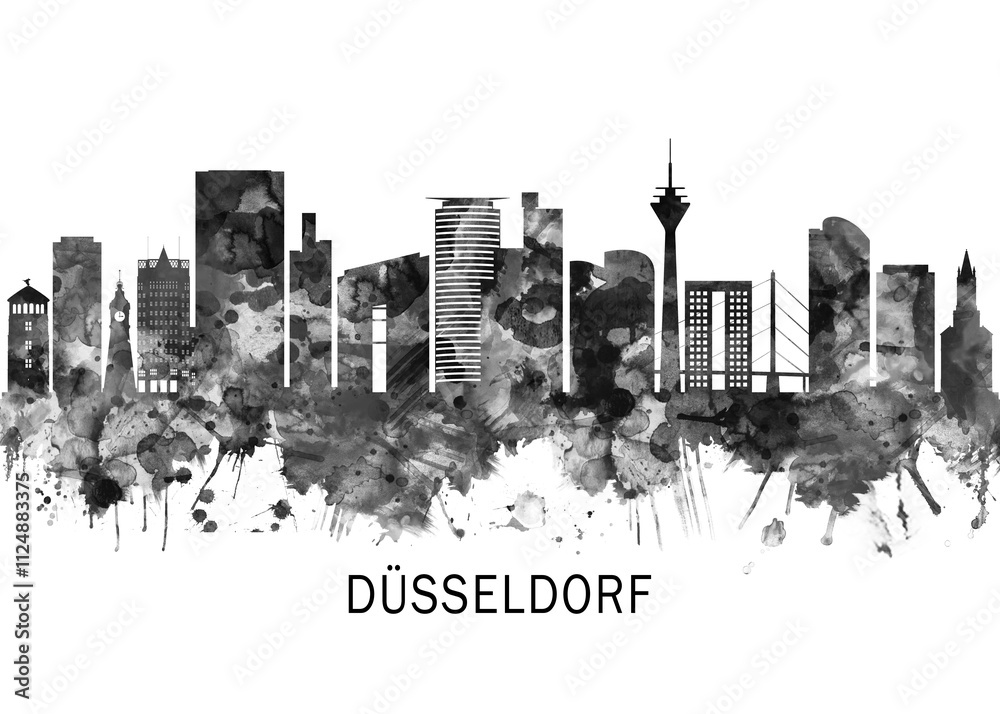 Dusseldorf Germany Skyline BW, cityscape buildings city skyline architecture illustration abstract modern painting travel poster landscape print urban art