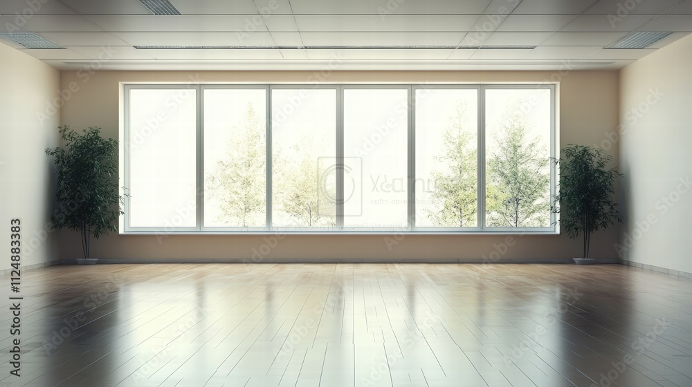 Spacious empty room with large windows and plants Spacious empty room with large windows and plants
