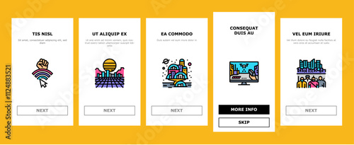 cyberpunk digital city future onboarding mobile vector cyber technology, modern street, night light, building urban, fantasy, town blue cyberpunk digital city future illustrations