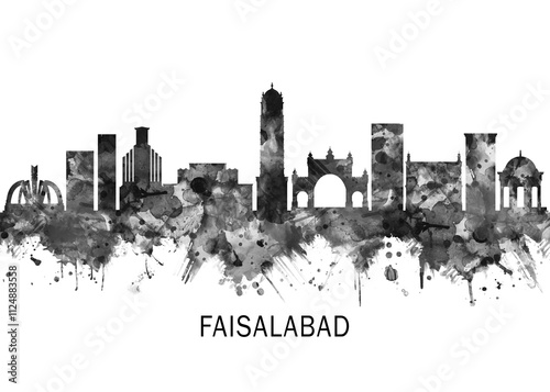 Faisalabad Pakistan Skyline BW, cityscape buildings city skyline architecture illustration abstract modern painting travel poster landscape print urban art photo