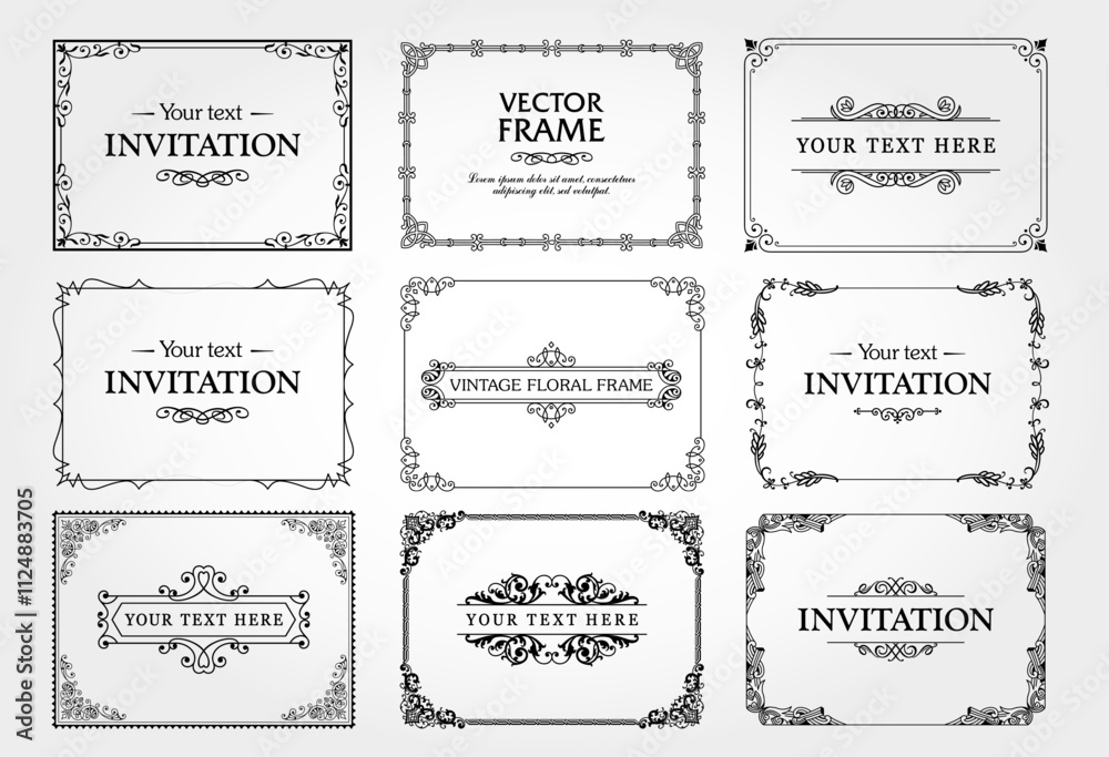 Design elements set, decorative flourish border corner and frame collection for invitation, menu and page decoration