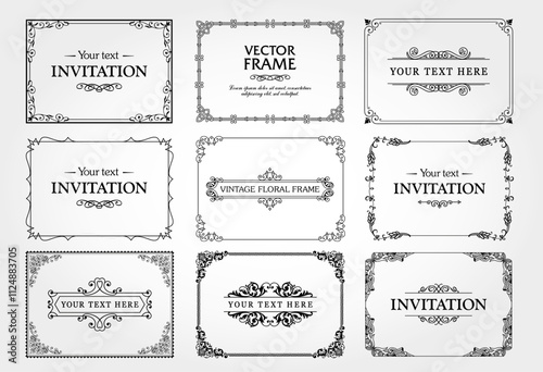 Design elements set, decorative flourish border corner and frame collection for invitation, menu and page decoration