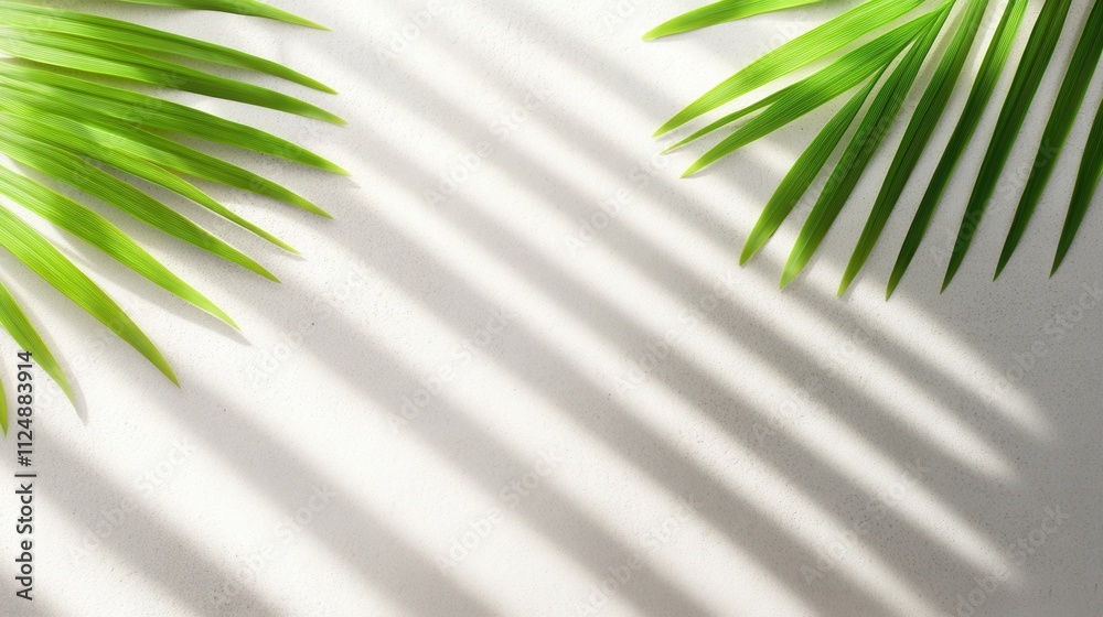 Fototapeta premium Green Tropical Leaves with Dramatic Shadows on Light Background Surface