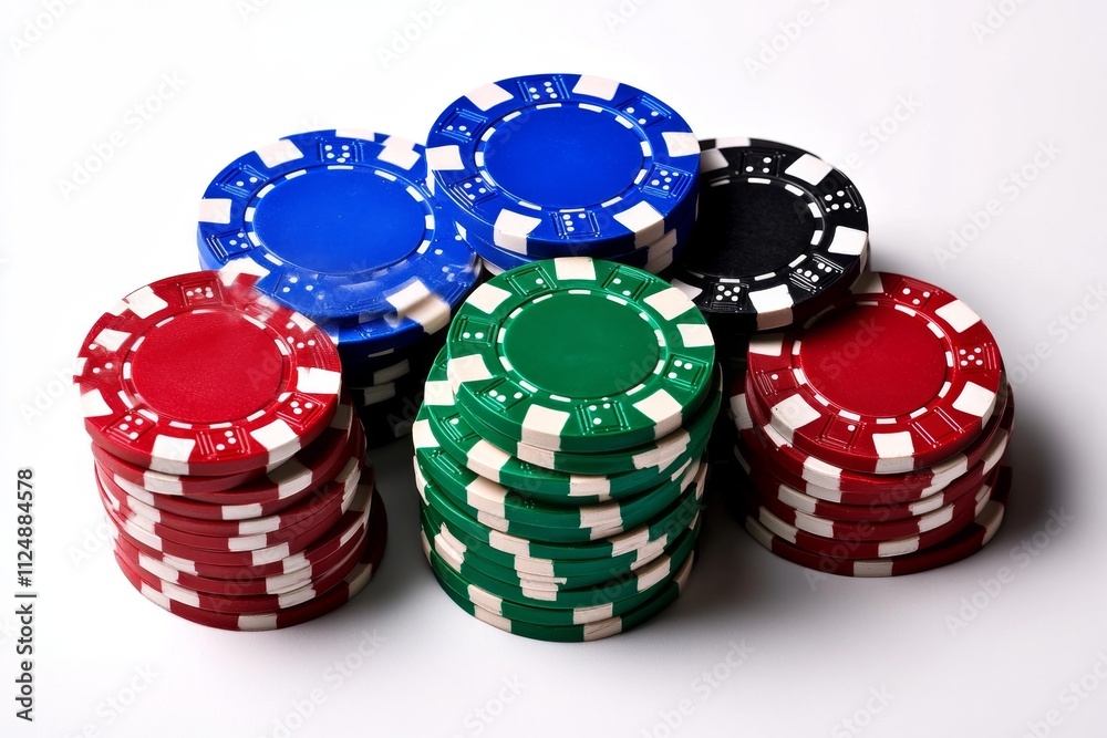 A dynamic composition of poker chips in bold colors, isolated on a clean white backdrop, perfect for conveying the atmosphere of a casino or card game setting A dynamic composition of poker chips in bold colors, isolated on a clean white backdrop, perfect for conveying the atmosphere of a casino or card game setting