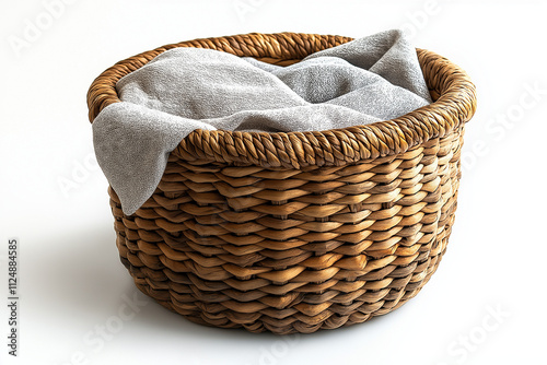 Photographie studio d'un panier à linge tressé avec doublure en tissu, design minimaliste et fonctionnel, sur fond blanc photo