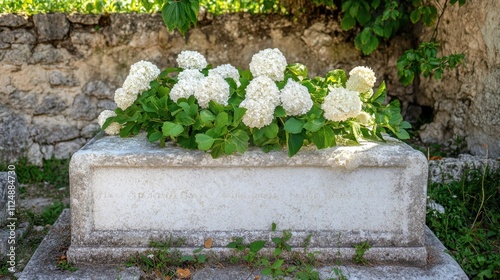 White Hydrangeas Adorning a Weathered Gravestone in a Tranquil Cemetery