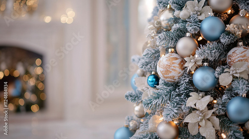  luxury Christmas tree with blue and gold decor stands in the hall against the backdrop of the fireplace. Copy space