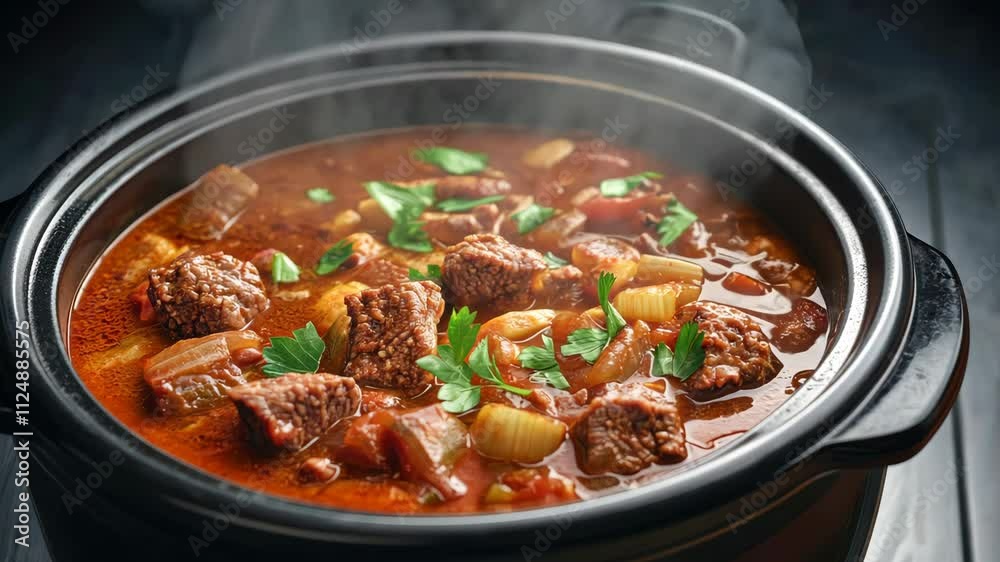 Savoring the aroma of beef stew simmering with fresh vegetables in a pot