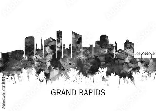 Obraz na płótnie Grand Rapids Michigan Skyline BW, cityscape buildings city skyline architecture illustration abstract modern painting travel poster landscape print urban art w salonie