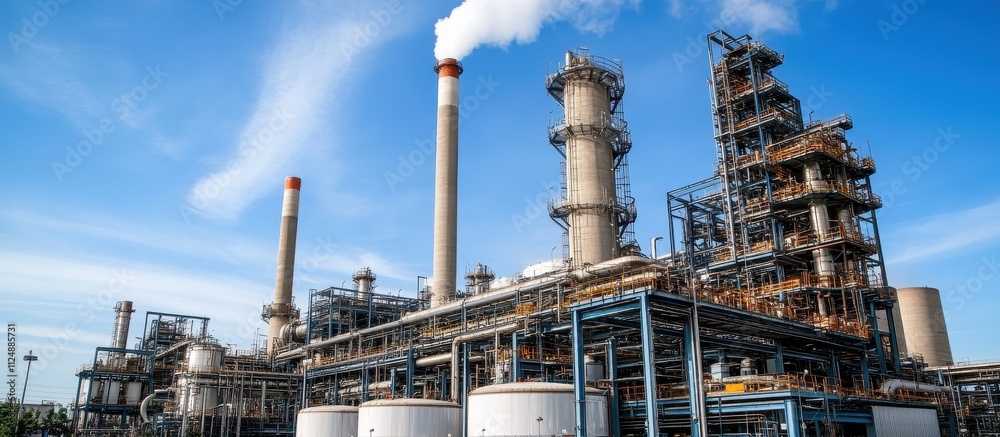 Industrial Refinery with Smokestacks and Blue Sky Showcasing Modern Energy Production and Infrastructure Industrial Refinery with Smokestacks and Blue Sky Showcasing Modern Energy Production and Infrastructure