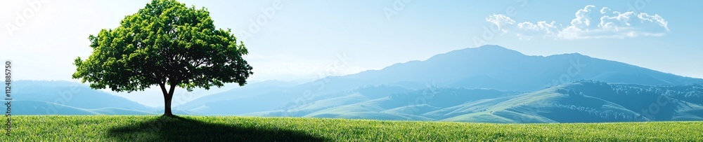 Serene Landscape Green Tree Rolling Hills Sunny Sky Serene Landscape Green Tree Rolling Hills Sunny Sky