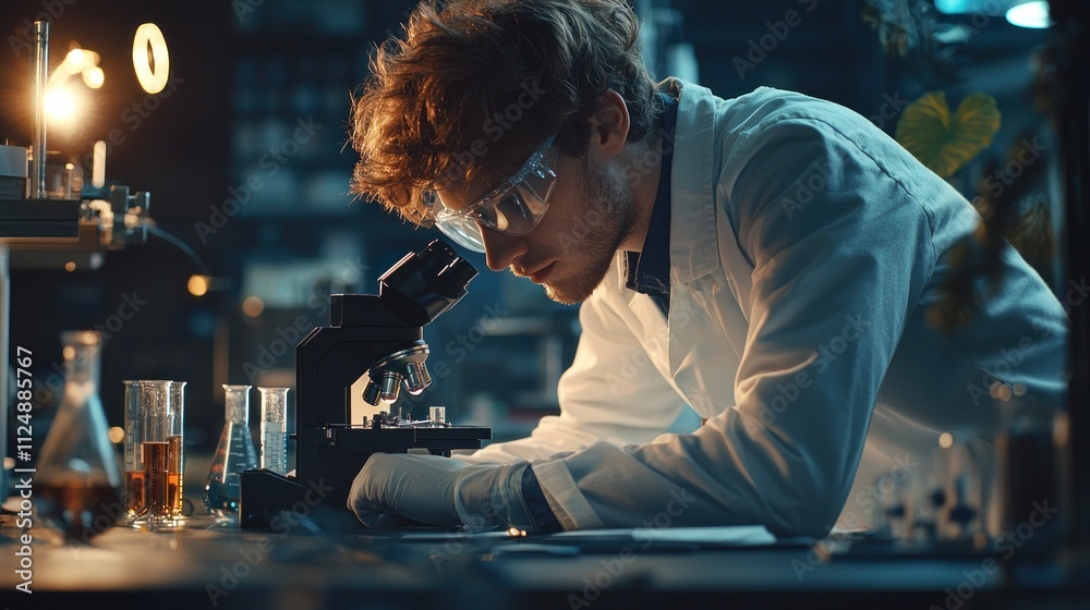 Focused Scientist Using Microscope in Laboratory Focused Scientist Using Microscope in Laboratory