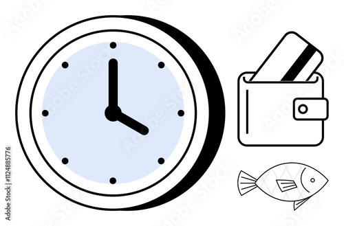 Clock showing time management next to a wallet with cards and a fish representing finance and sustainability. Ideal for time management, financial planning, environmental awareness, deadlines