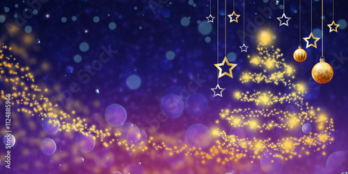 Background Golden Twilight Christmas Tree.Magical Holiday Glow. Starlit Christmas Night. Dreamy Festive Lights. Radiant Christmas in Purple Sky. Golden Sparkles of Christmas Night