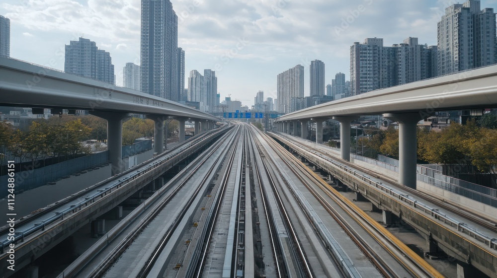 Fototapeta premium High-speed rail line next to a highway under renovation, parallel construction activities in a single frame