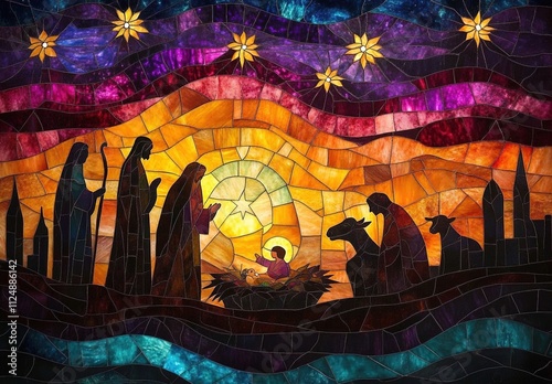 An abstract stained glass art piece depicting the scene of baby Jesus' birth in brilliant colors.