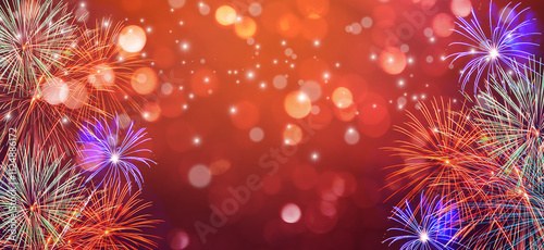 Bokeh holiday background Fireworks New Year New Year Celebration Stars and Ornaments with Fireworks. Festive Night: Sparkling Stars and Fireworks. Christmas Ornaments and Fireworks Extravaganza
