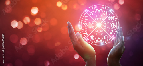 Zodiac signs inside of horoscope circle. Astrology in the sky with many stars and moons  astrology and horoscopes concept