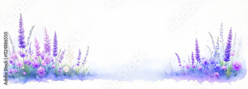 Purple lavender and flowers in watercolor style on a white background with copy space