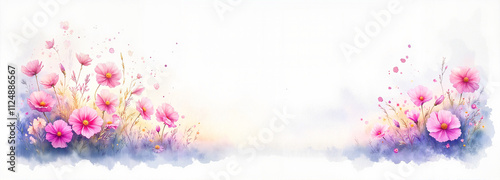 Pink and purple flowers with watercolor style on a white background with copy space