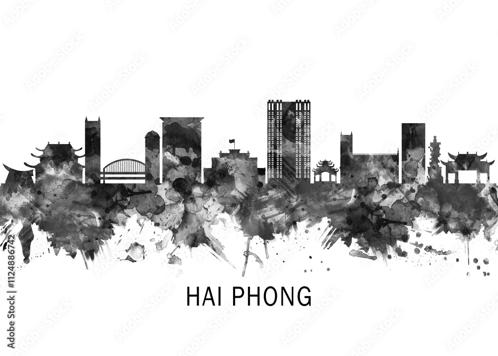 Obraz premium Hai Phong Vietnam Skyline BW, cityscape landscape watercolor painting print abstract splash illustration art modern urban poster artwork landmarks skyscrapers