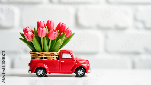 Retro toy red car delivering a bouquet of flowers on a light background. Flower delivery for March 8, International Women's Day, Mother's Day and Valentine's Day.