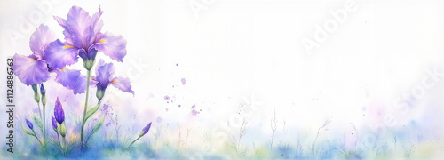 Purple iris flowers in watercolor style on a soft white background