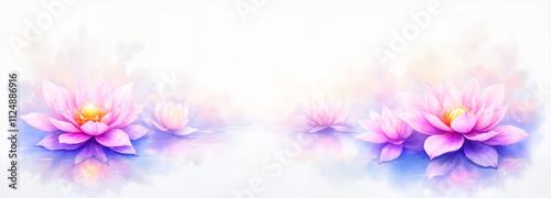 Purple and pink water lilies in watercolor style on a serene white background