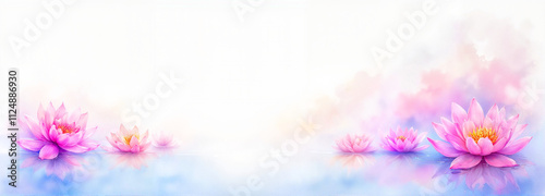 Water lily pond with pink and purple flowers in watercolor style on a misty background