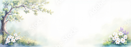 Blossoming tree with white flowers in watercolor style on a natural white background