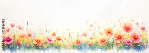 Vibrant poppies and field flowers in watercolor style on a light white background