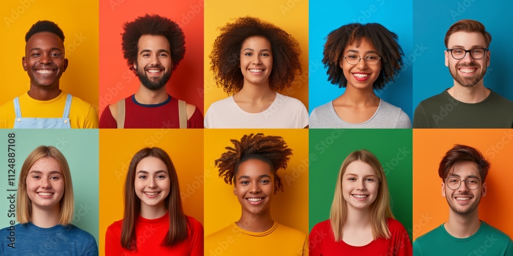 A group of people with different hair colors and styles are smiling at the camera. Concept of diversity and inclusivity, as the people come from various backgrounds and have different appearances A group of people with different hair colors and styles are smiling at the camera. Concept of diversity and inclusivity, as the people come from various backgrounds and have different appearances