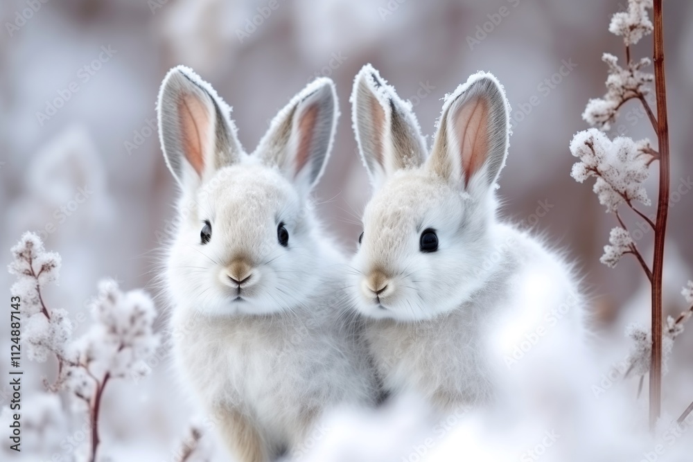 Couple of cute rabbit sitting on snowfield background with golden sun light. Couple of cute rabbit sitting on snowfield background with golden sun light.