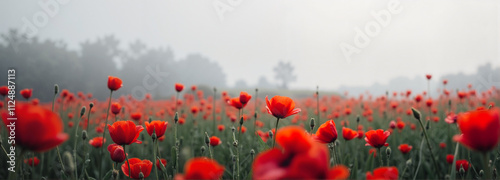 Red poppies field in misty morning light against a soft natural background