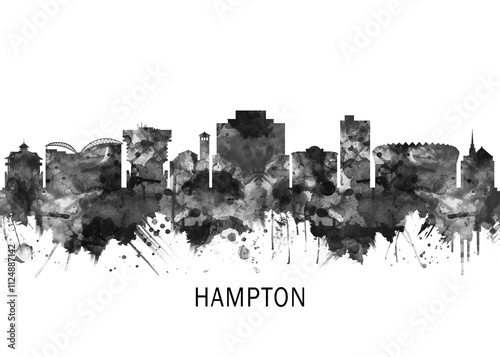 Hampton Virginia Skyline BW, cityscape landscape watercolor painting print abstract splash illustration art modern urban poster artwork landmarks skyscrapers photo