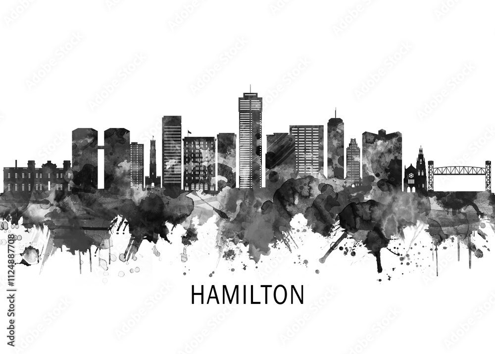 Hamilton Canada Skyline BW, cityscape landscape watercolor painting print abstract splash illustration art modern urban poster artwork landmarks skyscrapers