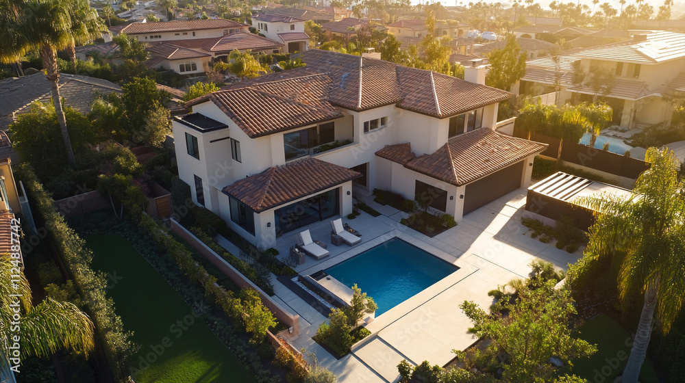 Fototapeta premium Luxurious modern villa with pool in a serene neighborhood during golden hour