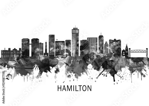 Obraz na płótnie Hamilton Canada Skyline BW, cityscape landscape watercolor painting print abstract splash illustration art modern urban poster artwork landmarks skyscrapers w salonie