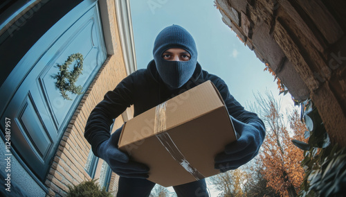 fish eye image of a person stealing a parcel from a home