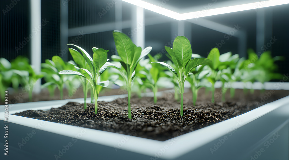 A vibrant indoor garden with young green sprouts growing in soil, illuminated by bright, modern lighting, showcasing advanced agricultural techniques. A vibrant indoor garden with young green sprouts growing in soil, illuminated by bright, modern lighting, showcasing advanced agricultural techniques.