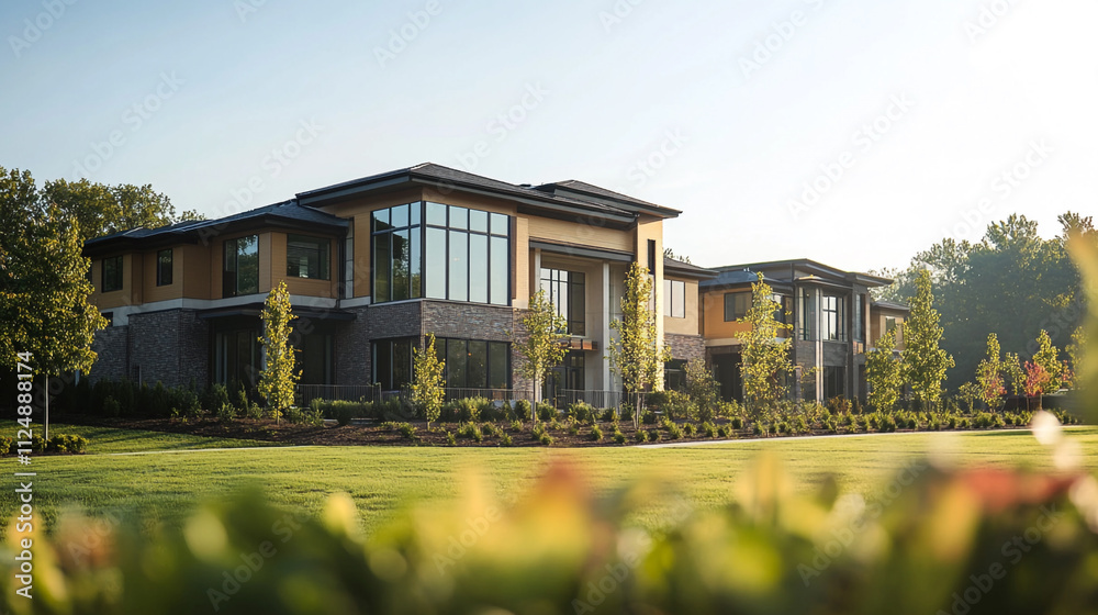 Modern residential architecture surrounded by landscaped greenery in sunlight Modern residential architecture surrounded by landscaped greenery in sunlight