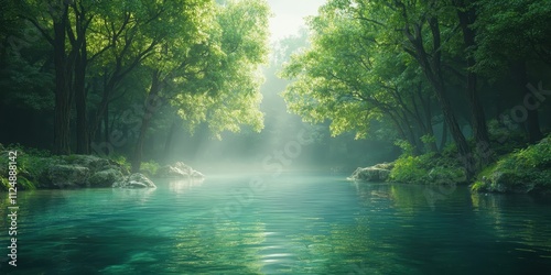 Serene Forest River Scene, Golden Sunlight Filtered Through Tall Trees, Peaceful Landscape Under the Sun