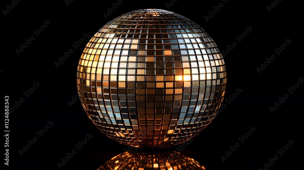 Obraz premium Studio photograph of a disco ball against&nbsp;black background displays mirror reflections and geometric&nbsp;mosaic patterns with dramatic lighting and glittering effects.