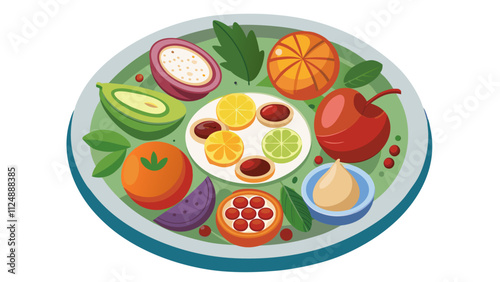 Vector illustration of colorful fruits and nuts on a decorative plate on white background