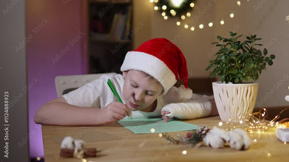 Caucasian boy in with plaster cast on arm diligently writes letter to Santa Claus on table in decorated room. Portrait of dreaming child who believes in future and expects wishes to come true. Caucasian boy in with plaster cast on arm diligently writes letter to Santa Claus on table in decorated room. Portrait of dreaming child who believes in future and expects wishes to come true.