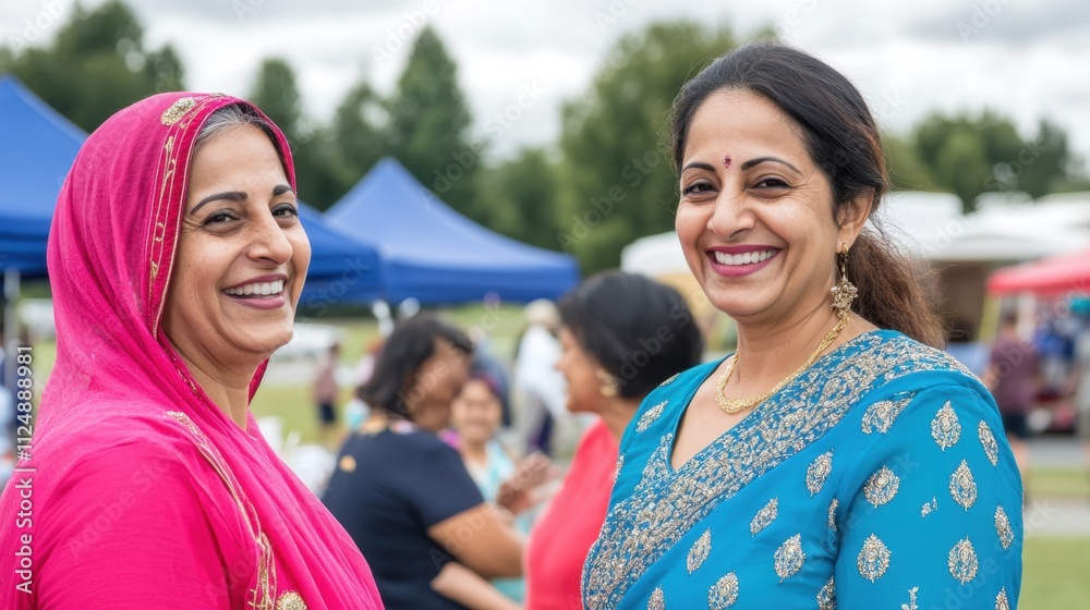 Joyful Women Smiling in Colorful Traditional Attire at Outdoor Event Joyful Women Smiling in Colorful Traditional Attire at Outdoor Event