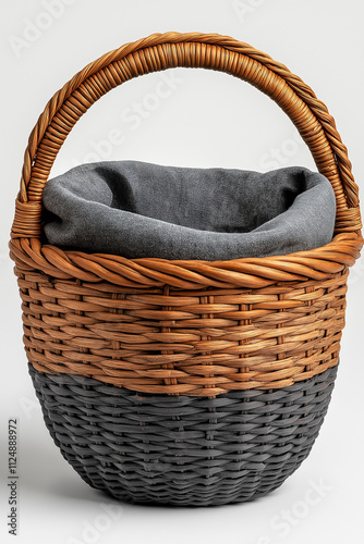 Photographie studio d'un panier à linge tressé avec doublure en tissu, design minimaliste et fonctionnel, sur fond blanc photo