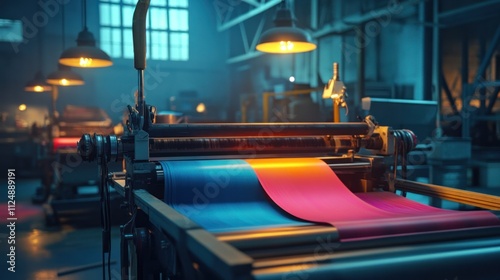 Large printing press in action, colorful sheets feeding through rollers, a flurry of mechanical precision under industrial lamps