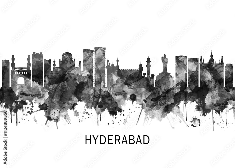 Hyderabad Telangana Skyline BW, cityscape landscape watercolor painting print abstract splash illustration art modern urban poster artwork landmarks skyscrapers